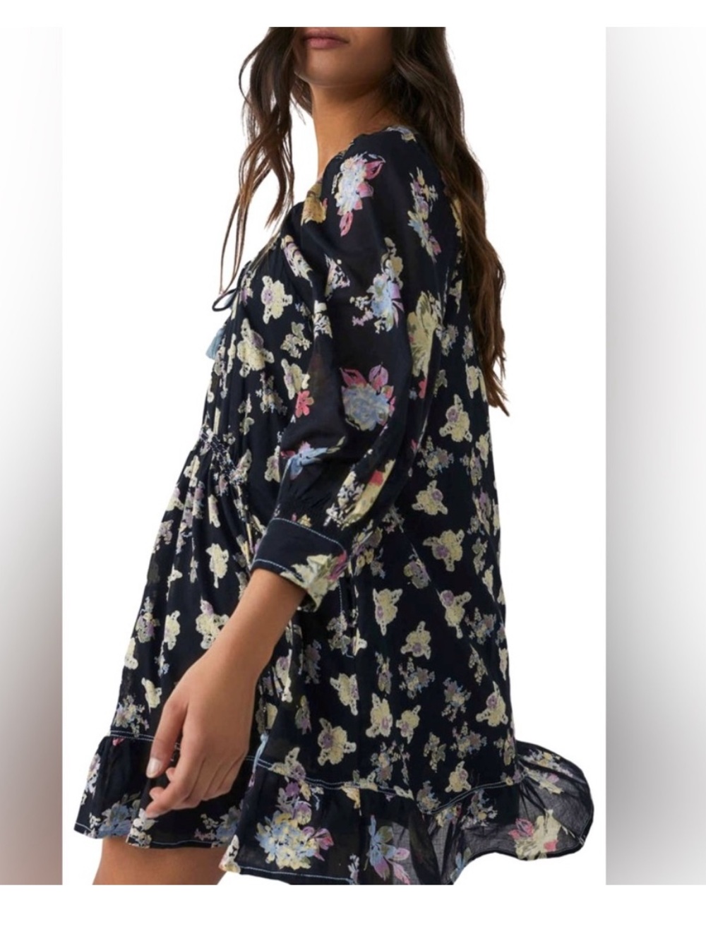 Free People Camella Floral Mini Dress Navy Boho Tassel Tie Long Sleeve Size M